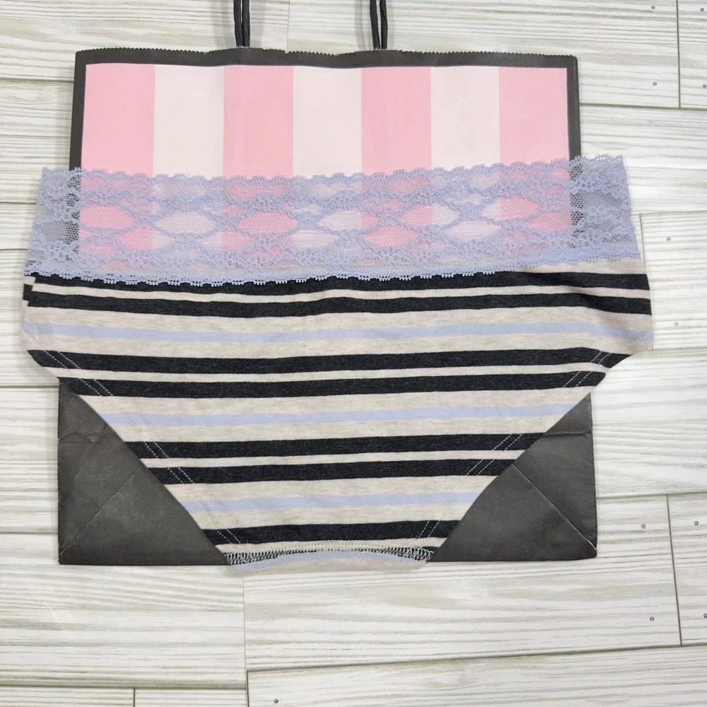 Victorias Secret XS Low Rise Hip‎ Hugger Striped Panties with Blue Lace Trim NWT
